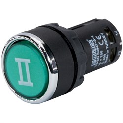 Нажимная моноблочная кнопка EMAS зеленая с маркировкой "II", 22 мм, IP 40 (1НО+1НЗ) MB102DY1 - фото 324692